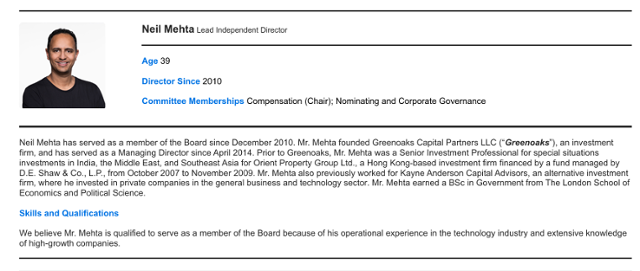 지난해 6월 주주총회를 앞두고 쿠팡이 주주들에게 배포한 '위임안내서(Proxy Statement)'에 언급된 닐 메타 그린옥스 창립자의 이력. 미 증권거래소(SEC) 제공