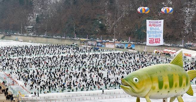 강원 화천산천어축제장을 찾은 관광객들이 산천어 얼음낚시를 즐기고 있다.[사진 화천군]