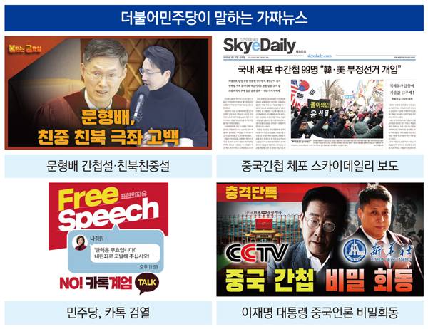 ▲ 더불어민주당이 말하는 가짜뉴스. 사진=고성국TV, 스카이데일리, 나경원 페이스북, 가로세로연구소. 그래픽=안혜나 기자