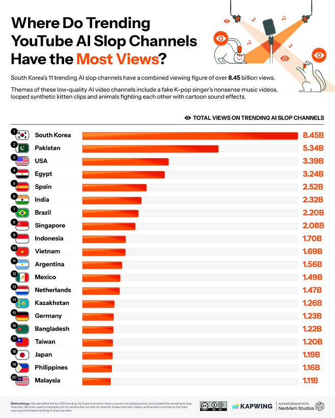 인기 AI 슬롭 채널의 조회수가 가장 많은 국가. 카프윙 ‘AI 슬롭 보고서’