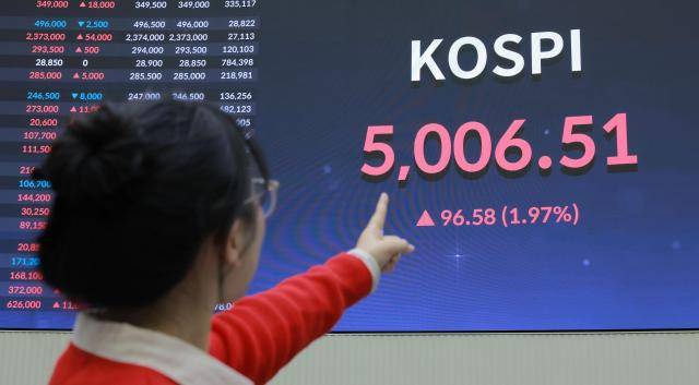 코스피가 장중 5000을 넘어선 가운데 22일 오전 서울 영등포구 한국거래소 홍보관 현황판에 코스피와 코스닥 지수가 표시돼 있다. 2026.01.22[사진=유대길 기자 dbeorlf123@ajunews.com]