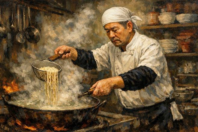 김의경 작가가 챗지피티에 “머릿수건을 쓰고 검은색 토시를 끼고 중식당 주방에서 가마솥으로 면을 삶고 있는 오십대 남자를 유화풍으로 그려줘”라는 지시어를 입력해 생성한 이미지.