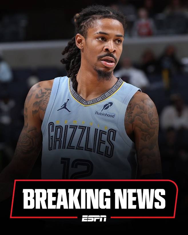 멤피스 가드 모란트가 최근 왼팔을 다쳐 최소 3주 동안 코트를 비운다. 사진=ESPN