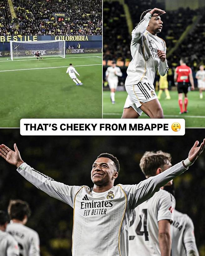 레알 음바페가 25일 비야레알과 경기 중 후반 막바지 파넨카로 멀티 골을 신고한 뒤 환호하고 있다. 사진=ESPN SNS