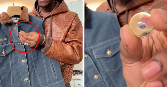 명품 미우미우 데님 조끼의 금색 단추(빨간색 원)가 포장을 풀자마자 후두둑 떨어지는 모습. 위즈덤 케이 SNS 갈무리