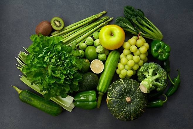 식이섬유가 풍부한 채소와 과일. 전문가들은 건강한 노화를 위해 식단에서 식이섬유 섭취를 우선하라고 조언한다. 아이클릭아트