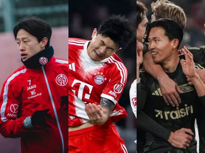 분데스리가에서 뛰는 한국선수들의 희비가 엇갈렸다. 19라운드에서 마인츠 이재성만 승리를 거뒀고, 바이에른 뮌헨 김민재, 우니온 베를린 정우영(왼쪽부터)은 나란히 패했다. 사진출처｜마인츠 페이스북·바이에른 뮌헨 페이스북·우니온 베를린 인스타그램