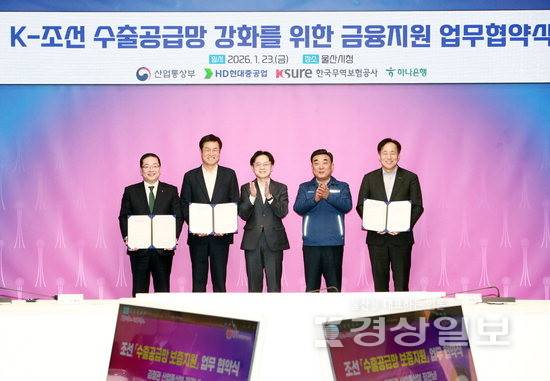 ▲ HD현대중공업과 하나은행, 한국무역보험공사는 지난 23일 울산시청에서 'K-조선 산업 수출 공급망 강화를 위한 금융지원' 업무협약을 체결했다. 이상균 HD현대중공업 대표이사 부회장과 이호성 하나은행장, 장영진 무역보험공사 사장이 김정관 산업통상부장관과 김두겸 울산시장이 지켜보는 가운데 협약서에 서명한 뒤 기념촬영하고 있다. 울산시청 제공