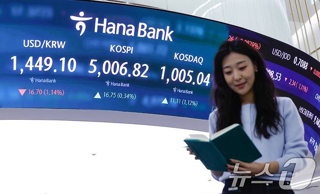 26일 오전 서울 중구 하나은행 딜링룸 전광판에 코스피, 코스닥, 원·달러 환율 시황이 나오고 있다.  2026.1.26/뉴스1 ⓒ News1 안은나 기자