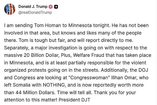 도널드 트럼프 대통령은 26일 국경 차르 톰 호먼을 미네소타에 보낸다고 했다./트루스소셜