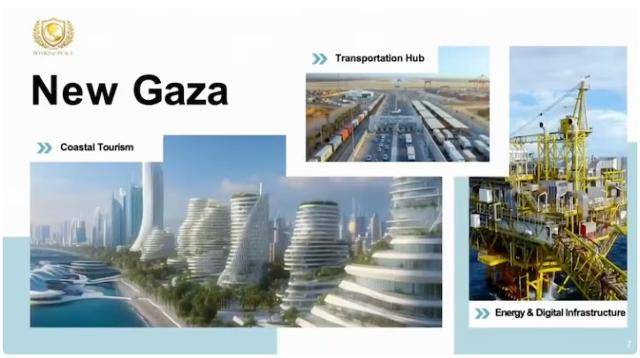 도널드 트럼프 미국 대통령의 사위 재러드 쿠슈너가 22일 스위스 다보스에서 개최된 '평화위원회' 회의에서 발표한 가자지구 재건 계획 '뉴 가자'의 설명자료.