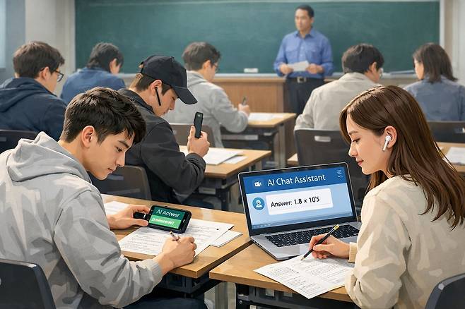 생성형 AI 등을 활용해 부정행위를 하는 대학생들의 모습. 일러스트 챗GPT