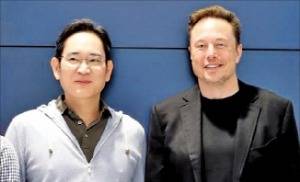 2023년 미국 실리콘밸리에서 만난 이재용 회장(왼쪽)과 일론 머스크 테슬라 최고경영자(CEO).  삼성전자 제공
