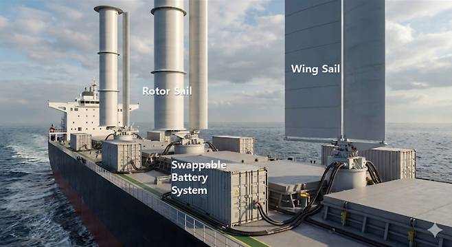 선박용 교체식 배터리 시스템을 적용한 풍력보조추진장치(WAPS) 구동 개념도. 선박해양플랜트연구소