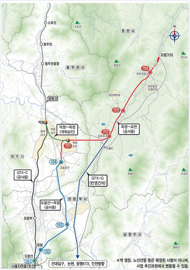 전철 7호선 연장 구간과 옥정-덕정구간이 연결된 미래 철도 구상도. 사진=포천시청