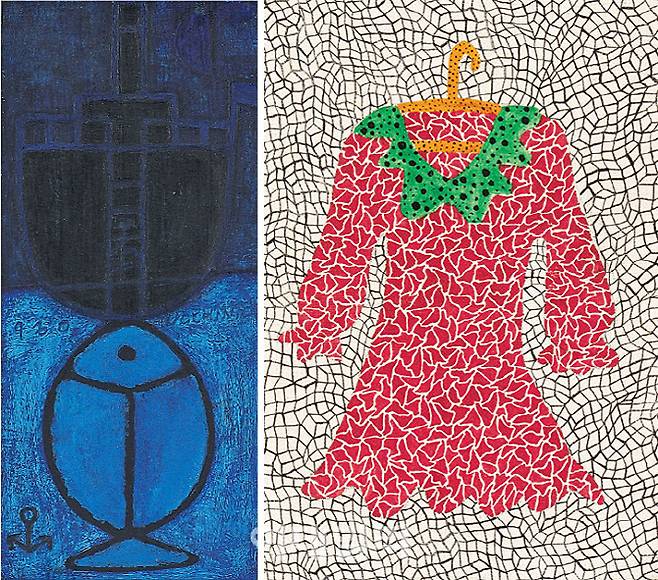 서울옥션과 케이옥션이 2026년 첫 메이저 경매에 출품하는 작품들. 장욱진의 ‘배와 고기’(1960, 22.1×10㎝·왼쪽)는 서울옥션 ‘제189회 미술품 경매’에 추정가 1억∼2억원을 달고 나선다. 쿠사마 야요이의 ‘드레스’(Dress 1982, 22.5×154.5㎝)는 케이옥션 ‘1월 경매’에 추정가 5억∼8억원을 달고 새 주인을 찾는다. 양 경매사의 새해 첫 경매는 초고가 출품작 없이 미술시장을 움직이는 블루칩 작가의 수작들로 꾸렸다는 점이 도드라진다(사진=서울옥션·케이옥션).