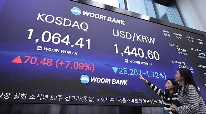 26일 오후 서울 중구 우리은행 딜링룸 전광판에 코스닥, 달러 원 환율 종가가 나오고 있다. /뉴스1