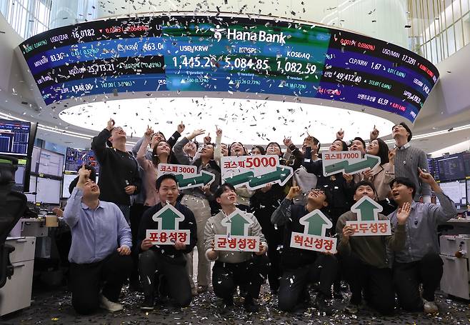종가 기준 코스피가 5000선· 코스닥이 1000선을 동시에 돌파한 27일 서울 중구 하나은행 딜링룸에서 직원들이 기념 세리머니를 하고 있다. 연합뉴스