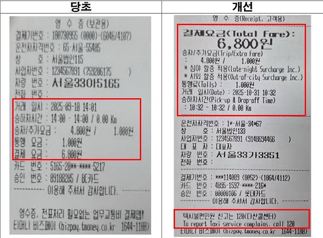 서울시의 변경된 택시 종이영수증. 서울시