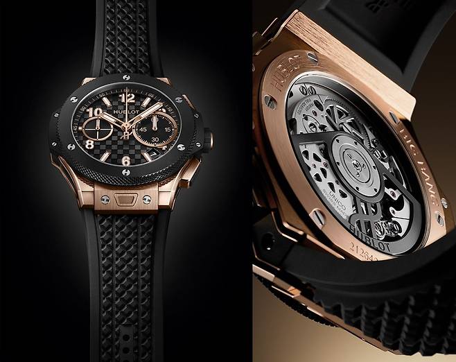 케이스 크기는 지름 43mm에 두께는 13.2mm다. 백케이스를 사파이어 크리스털 글라스로 만들어 무브먼트의 움직임을 감상할 수 있다. 다이얼은 2005년에 출시된 오리지널 빅뱅 워치처럼 탄소 섬유를 떠오르게 하는 투톤 체크 패턴으로 장식했다. 사진 LVMH