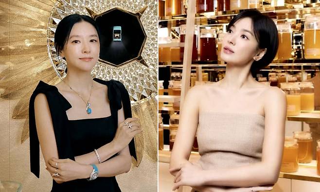 배우 이영애와 송혜교가 자신만의 피부 관리 비법을 공개해 화제를 모으고 있다. 배우 이영애(왼쪽), 송혜교 인스타그램 갈무리