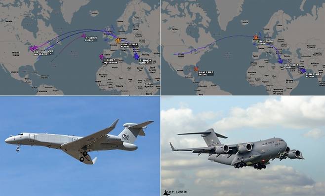공개 항공 추적 자료를 바탕으로 한 미 공군 항공기 이동 현황(상단)과 C-17 수송기·KC-46 공중급유기 모습(하단). 영국 공개출처정보(OSINT) 계정 **암체어 애드미럴(Armchair Admiral)**에 따르면 최근 중동 전개는 대규모 공군 증원보다는 사드(THAAD) 등 방공 전력이 배치된 기지를 중심으로 제한적으로 이뤄지고 있다. 기상 악화 영향으로 항공기 이동도 비교적 낮은 수준을 유지하고 있다는 평가다. (공개 ADS-B·FlightRadar24 자료 기반)