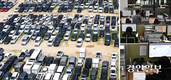전국 어디서든 차량 등록이 가능한 무관할 차량등록제가 시행되면서 중고차 단지가 몰려 있는 수원·인천 등 특정 지자체에 업무가 가중되고 있다는 지적이다. 사진은 23일 수원시 권선구 한 중고차 단지에 차량들이 빼곡히 주차된 모습(왼쪽)과 수원시 자동차등록민원실에서 관련 업무 중인 도로교통관리사업소 자동차등록과 직원들. 2025.6.23 /최은성기자 ces7198@kyeongin.com