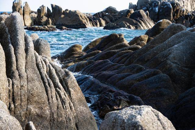 강원 강릉시 오리나루의 갯바위가 파도와 바람에 깎여 있다.