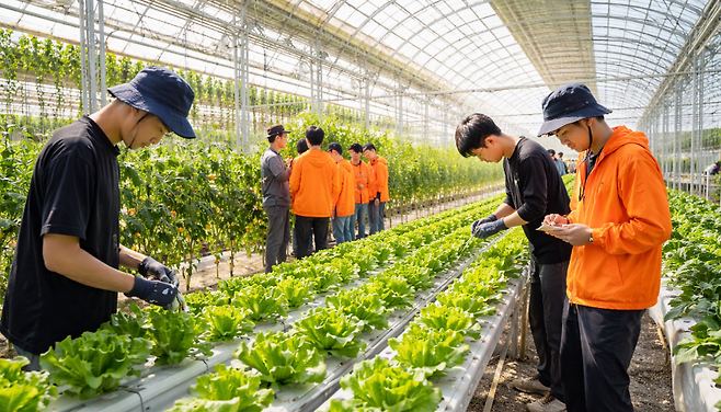 이론과 현장을 오가며 영농의 구조를 몸으로 익히는 청년농업인 교육 과정의 한 장면을 담은 이미지.