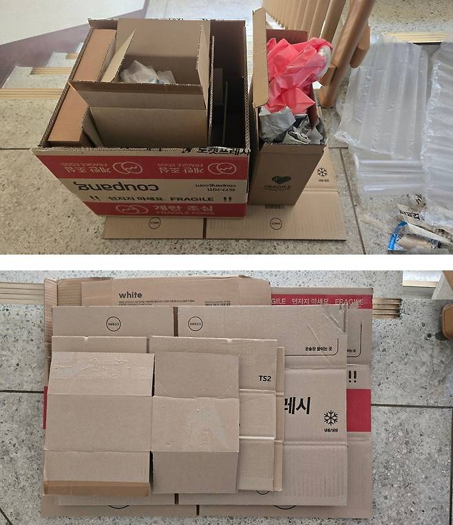 비닐과 종이박스가 산재된 모습(위)과 비닐 테이프와 운송장 등을 떼고 접어놓은 모습. 정부와 지방자치단체는 아래 방식으로 종이박스를 배출하는 것을 권장하고 있다. 은정진 기자