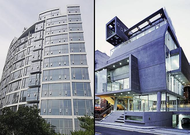 왼쪽 부부가 거주 중인 청담동&nbsp;‘PH129’, 오른쪽 고소영 명의 건물 청담동 ‘테티스’ 빌딩. 네이버부동산 캡처