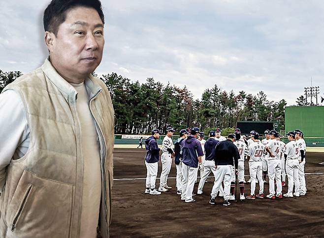 김태형 롯데 감독이 27일 인천공항에서 대만 스프링캠프 출국에 앞서 인터뷰하고 있다. 배경 사진은 지난해 11월 김해 상동야구장에서 마무리캠프 훈련 중인 롯데 선수들. 김하진기자·롯데자이언츠 제공