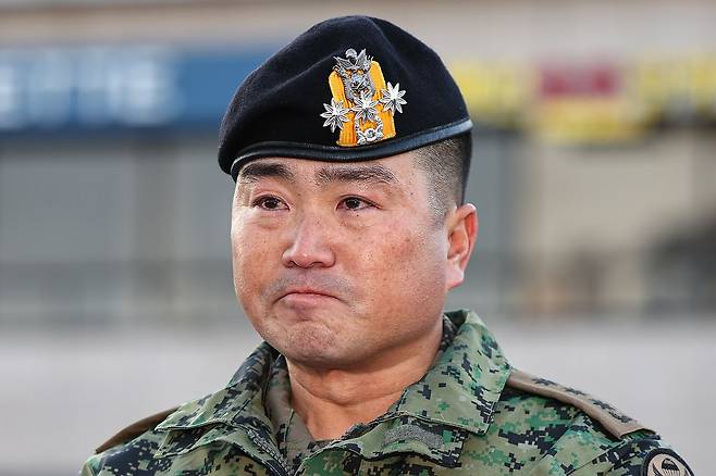 김현태 제707특수임무단장이 9일 오전 서울 용산구 국방부 전쟁기념관 앞에서 기자회견을 열고 발언하고 있다. 제707특수임무단은 지난 3일 밤 비상계엄 사태 당시 국회 진입을 위해 투입됐다. 연합뉴스