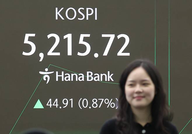 코스피가 사상 처음으로 5200선을 돌파한 29일 서울 중구 하나은행 딜링룸 현황판에 코스피 지수가 표시되고 있다. &copy;연합뉴스
