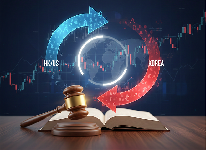 금융당국의 제도 개편으로 단일종목 2배 레버리지 ETF가 국내 상장을 앞두면서, 해외로 빠져나갔던 개인 자금의 흐름이 다시 국내 시장으로 되돌아올지 주목된다. 법전 위에 놓인 망치와 세계 지도를 중심으로 HK/US와 KOREA를 잇는 화살표는 해외 레버리지 ETF 시장과 국내 자본시장을 연결하는 규제의 변화를 상징한다. 금융당국이 단일종목 2배 레버리지 ETF를 허용하면서, 환전·세금·접근성이라는 구조적 장벽이 낮아지고 자금의 이동 경로가 바뀌고 있음을 시각적으로 표현했다. 제미나이 AI 생성 이미지