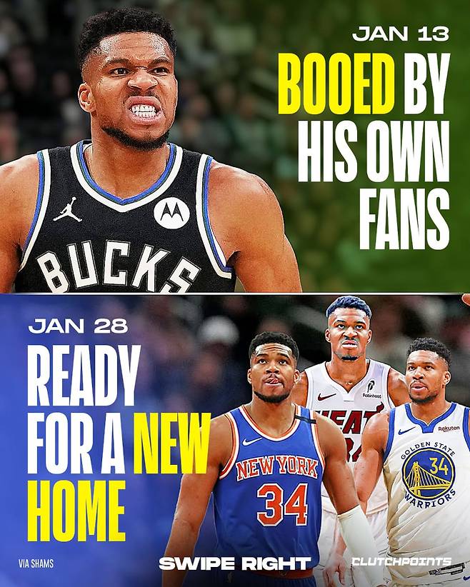 최근 트레이드 루머에 이름을 올린 밀워키 아데토쿤보. 이달 공개석상에서 팀 동료를 비판하고, 팬들로부터는 야유를 받는 등 향후 거취에 물음표가 찍힌 상태다. 최근 그의 행선지로는 뉴욕, 마이애미, 골든스테이트 등이 꼽힌다. 사진=클러치포인트 SNS