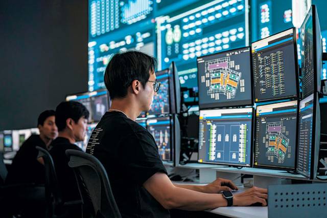 네이버 데이터센터 ‘각’ 통합 모니터링 시스템에서 직원이 서비스 상태를 실시간으로 점검하고 있다. 네이버 제공