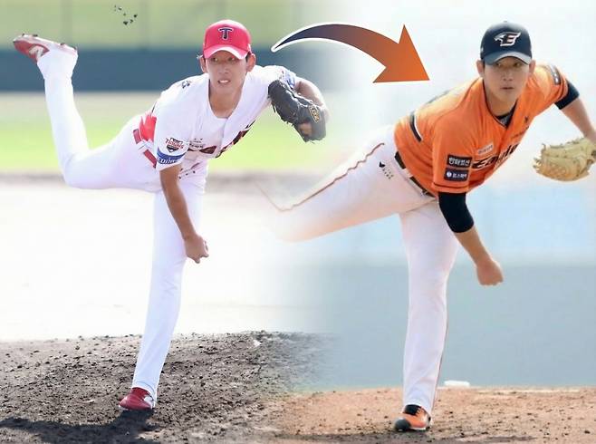 왼쪽은 양수호가 KIA 타이거즈에 소속된 2025년 투구하는 모습. 오른쪽은 인공지능(AI)을 활용해 합성한 한화 이글스 유니폼을 입은 양수호의 모습. /사진=KIA 타이거즈, 한화 이글스 제공, 이미지 인공지능(AI) 활용 합성