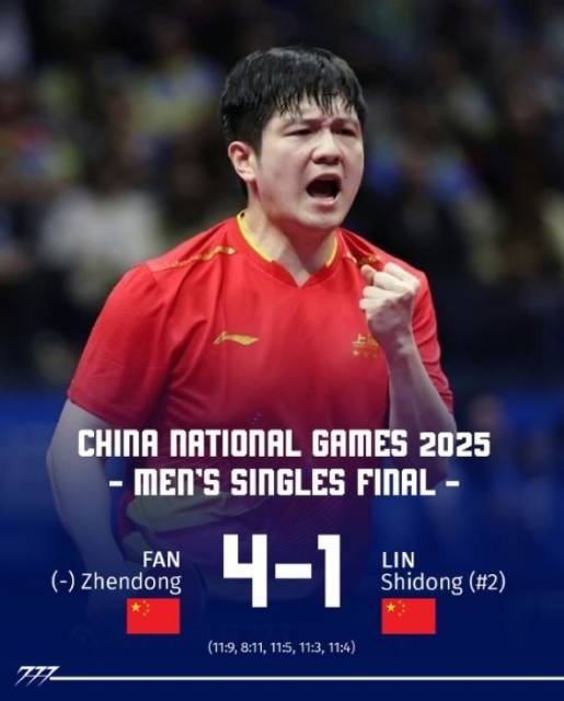 판젠동의 2025년 중국 전국운동회 우승을 알리는 인스타그램 이미지. 최근 중국 남자탁구가 저조한 성적에 그치며 판젠동의 복귀가 큰 관심사로 떠올랐다. /인스타그램 777tabletennis