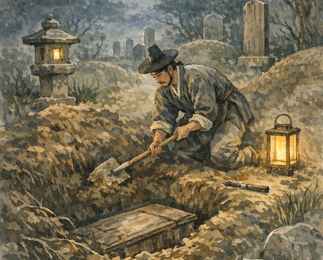 옛날 부모를 봉양하기 위해 자신의 허벅지 살을 베어 먹인 아들은 효심이 깊다고 칭찬을 받았지만, 자신의 병을 고치기 위해 시체의 살을 떼어먹었던 자는 엄한 벌로 단죄되었다. 챗GPT에 의한 AI생성 이미지.