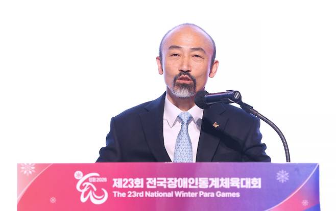 제23회 장애인동계체육대회 폐회식에서 폐회사를 전한 정진완 대한장애인체육회장. 대한장애인체육회 제공