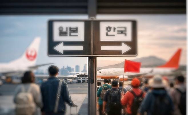 국제선 출입 동선에서 여행객들의 선택이 갈리는 이미지. 내국인은 일본행으로, 중국 단체 관광객은 제주로 향하고 있다.