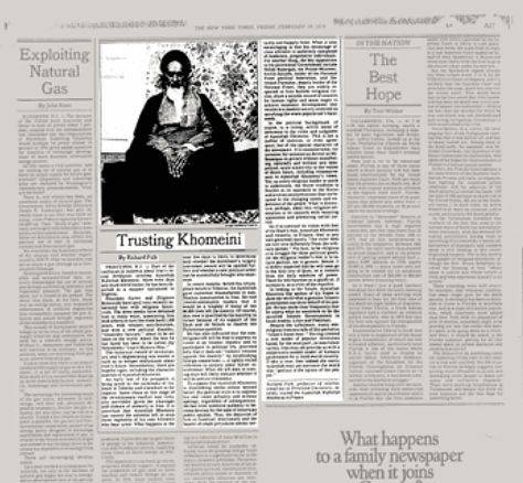 1979년 진보 성향의 법학자 리처드 포크가 쓴 ‘호메이니를 믿으며’라는 제목의 뉴욕타임스 기고문. [뉴욕타임스 아카이브]