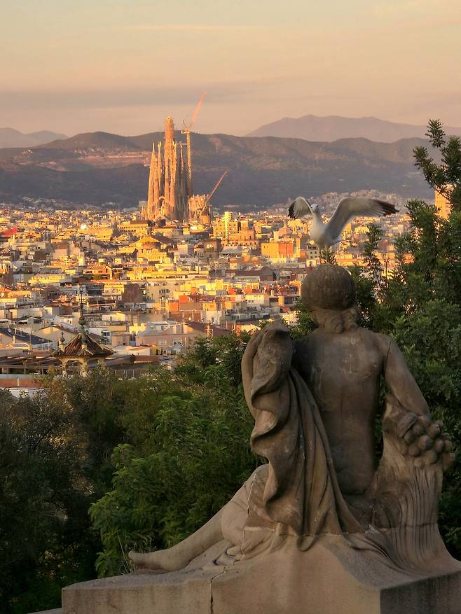 카탈루냐 미술관 광장에서 본 사그라다 파밀리아 성당.