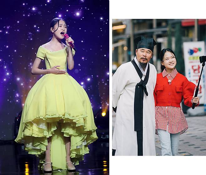 2023년 2월 2일 가수 김다현이 서울 강남구 일지아트홀에서 2집 정규 앨범 ‘열다섯’ 발매 쇼케이스에서 신곡을 선보이고 있다(왼쪽). 아버지인 청학동 김봉곤 훈장(왼쪽)과 거리에서 셀프촬영하는 모습. 뉴스1, 김다현