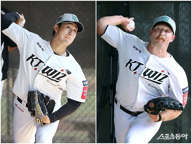 KT 아시아쿼터 선수 스기모토 코우키(왼쪽)와 외국인 선수 맷 사우어가 31일 호주 질롱 베이스볼 센터에서 열린 스프링캠프 도중 불펜피칭을 소화하고 있다. 사진제공｜KT 위즈