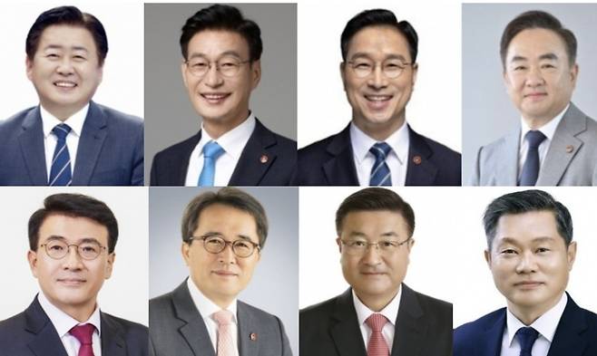 사진 윗줄 왼쪽부터 시계 방향으로 오영훈 지사, 문대림 국회의원, 위성곤 국회의원, 송재호 전 국회의원, 김명호 진보당 도당위원장, 김승욱 국민의힘 제주시을당협위원장, 문성유 전 기획재정부 기획조정실장, 고기철 국민의힘 도당위원장.
