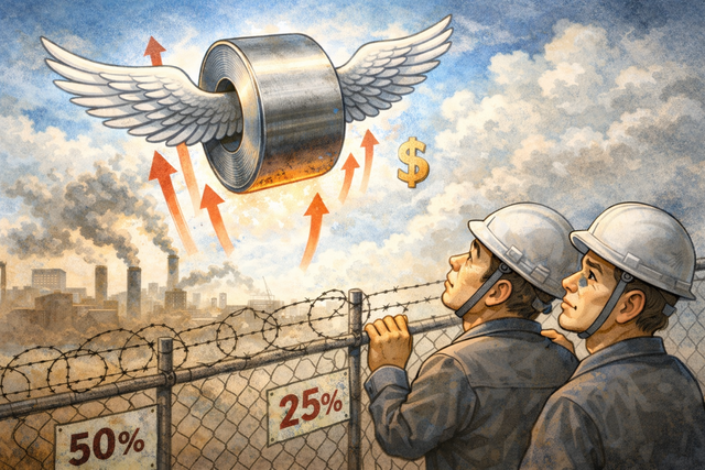 미국내 철강 가격이 가파르게 올랐으나 국내 철강사들은 높은 관세장벽에 막혀 미국시장을 바라만 보는 상황을 Chat GPT가 그린 이미지.