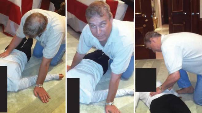 미 법무부가 공개한 제프리 엡스타인 관련 수사 자료에 영국 앤드루 전 왕자가 한 여성 위에 무릎을 꿇은 채 있는 모습이 담겼다. /사진=BBC