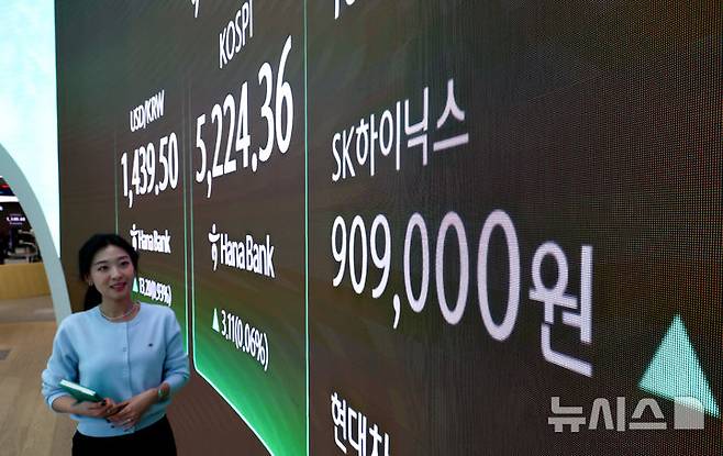 [서울=뉴시스] 황준선 기자 = SK하이닉스의 주가가 지난달 30일 서울 중구 하나은행 딜링룸에 표시돼 있다. 2026.01.30. hwang@newsis.com